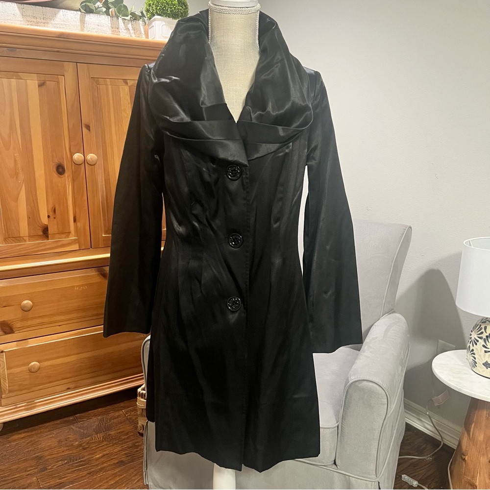 Anthropologie Talie Vintage Satin Shawl Collar Black Women's Trench Coat Sm